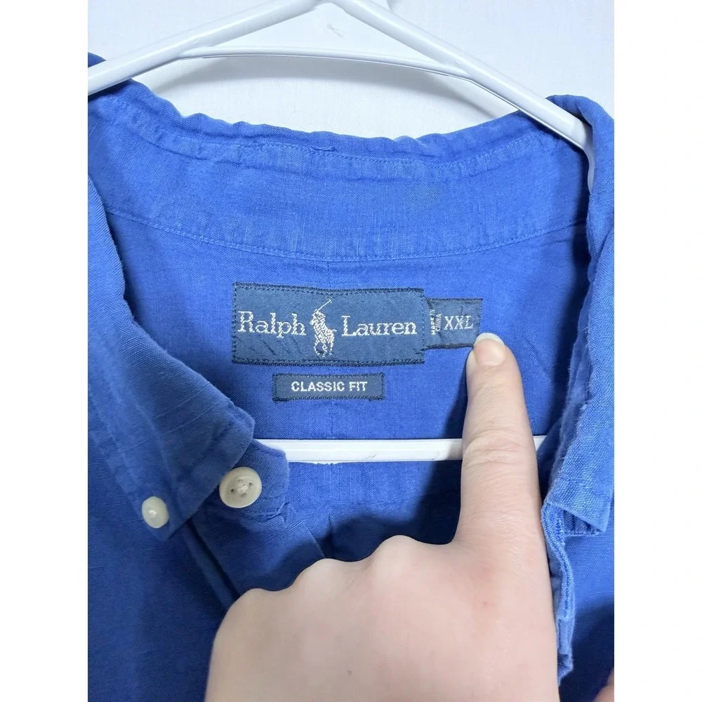 Ralph Lauren Linen Silk Camp Shirt Blue Classic Fit Button Down Mens XXL‎